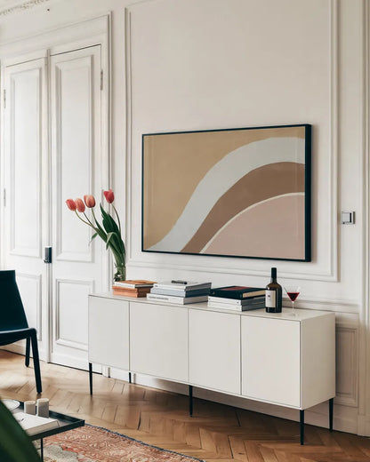 Flowing II Neutral Crop by Danhui Nai. shown as a framed stretched canvas in a living room above a console. Available as a archival giclee rolled canvas, fine art paper, or poster print. SKU 75820i.