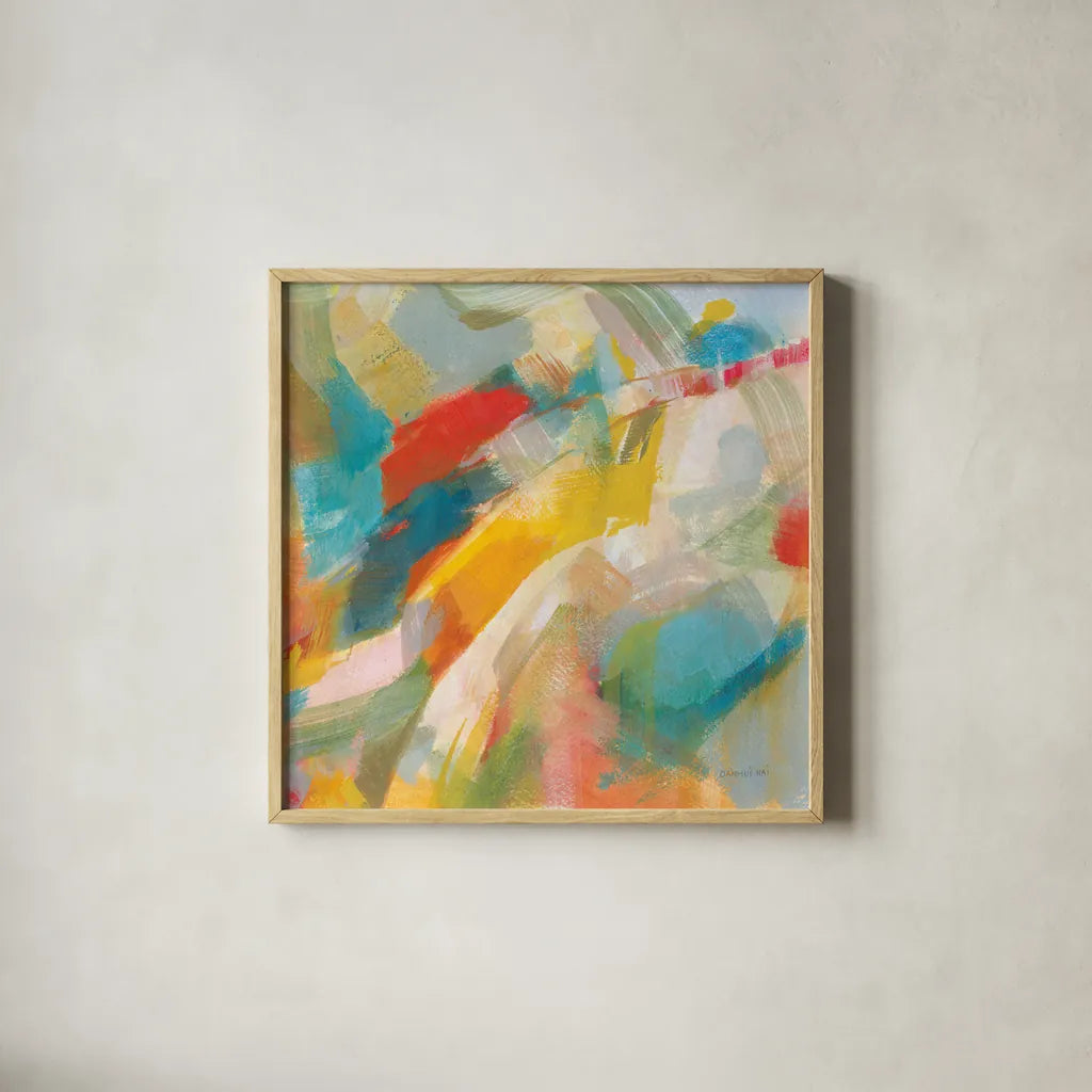 Folds of Color Bright Crop by Danhui Nai. Shown in a natural wood glass frame for a timeless modern aesthetic. Available as an archival giclee rolled canvas, fine art paper, or poster print. SKU 75089a.