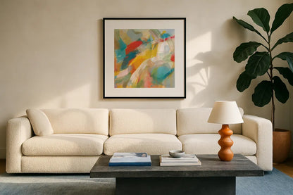 Folds of Color Bright Crop by Danhui Nai. Displayed in a glass frame with matte in a clean modern living room. Available as an archival giclee rolled canvas, fine art paper, or poster print. SKU 75089a.