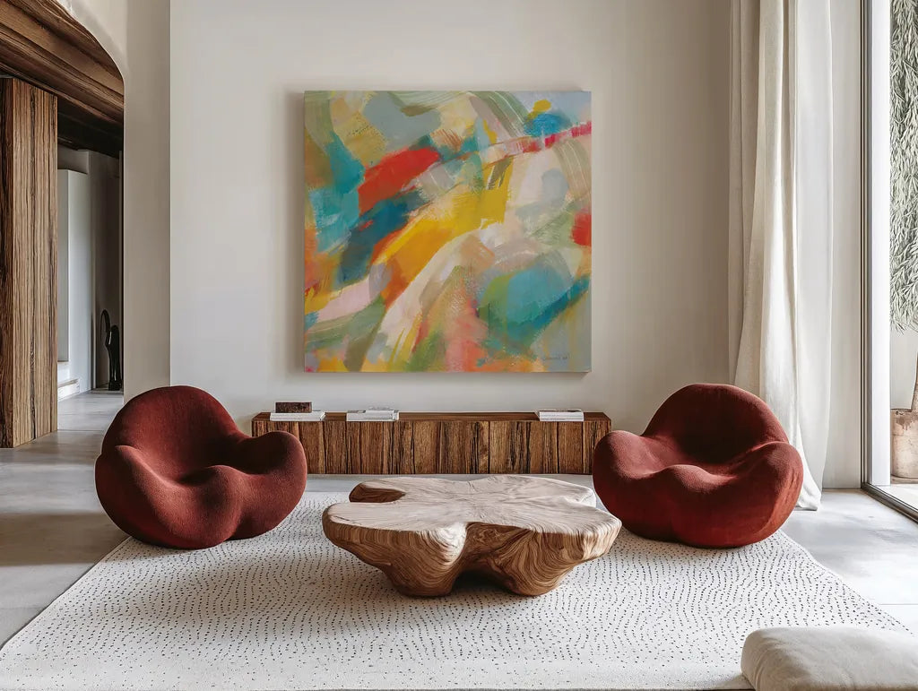 Folds of Color Bright Crop by Danhui Nai. Shown as extra-large giant wall art in a modern living room. Available as an archival giclee rolled canvas, fine art paper, or poster print. SKU 75089a.
