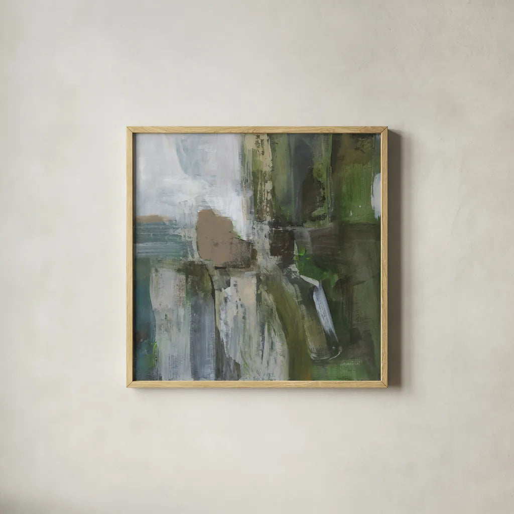 Forest Feel I by Danhui Nai. Shown in a natural wood glass frame for a timeless modern aesthetic. Available as an archival giclee rolled canvas, fine art paper, or poster print. SKU 81743a.