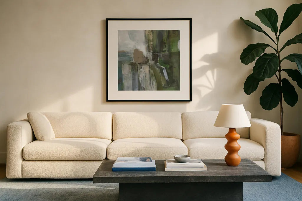 Forest Feel I by Danhui Nai. Displayed in a glass frame with matte in a clean modern living room. Available as an archival giclee rolled canvas, fine art paper, or poster print. SKU 81743a.