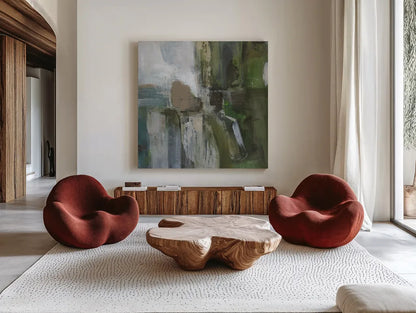 Forest Feel I by Danhui Nai. Shown as extra-large giant wall art in a modern living room. Available as an archival giclee rolled canvas, fine art paper, or poster print. SKU 81743a.