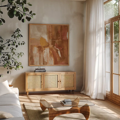 Forest Feel I Autumn by Danhui Nai. Shown in a natural wood frame in a cozy modern living room. Available as an archival giclee rolled canvas, fine art paper, or poster print. SKU 81948a.