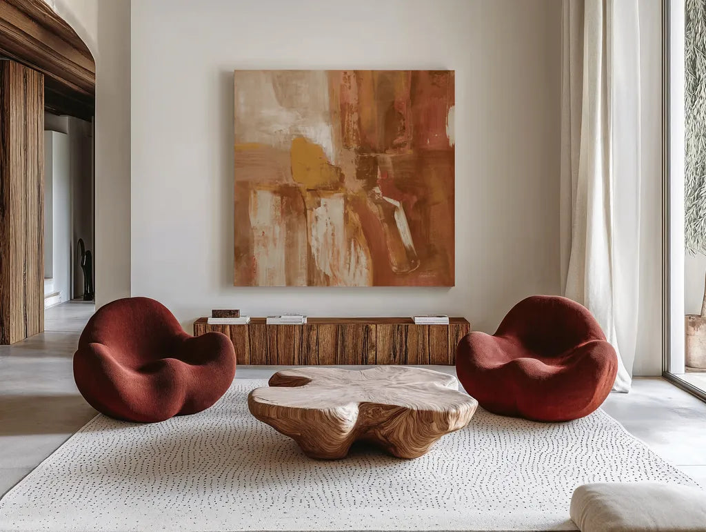 Forest Feel I Autumn by Danhui Nai. Shown as extra-large giant wall art in a modern living room. Available as an archival giclee rolled canvas, fine art paper, or poster print. SKU 81948a.