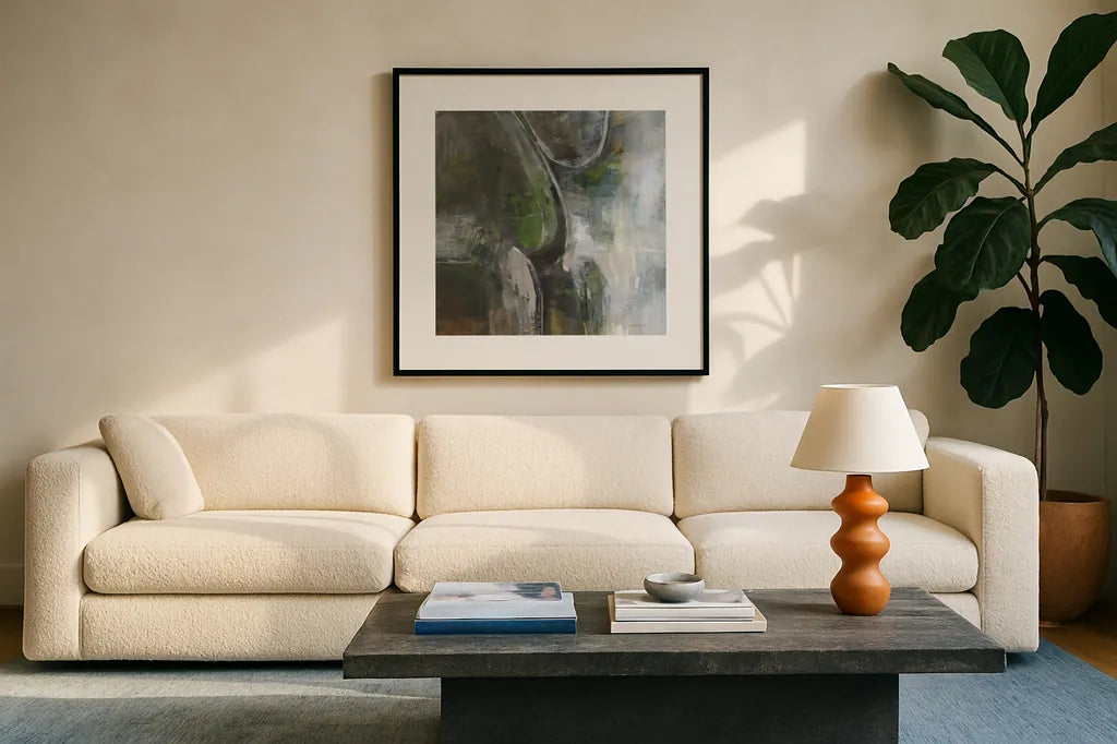Forest Feel II by Danhui Nai. Displayed in a glass frame with matte in a clean modern living room. Available as an archival giclee rolled canvas, fine art paper, or poster print. SKU 81744a.