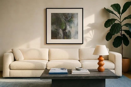 Forest Feel II by Danhui Nai. Displayed in a glass frame with matte in a clean modern living room. Available as an archival giclee rolled canvas, fine art paper, or poster print. SKU 81744a.