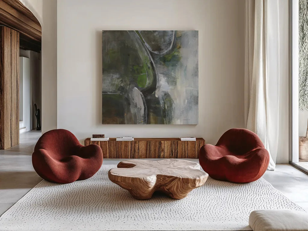 Forest Feel II by Danhui Nai. Shown as extra-large giant wall art in a modern living room. Available as an archival giclee rolled canvas, fine art paper, or poster print. SKU 81744a.