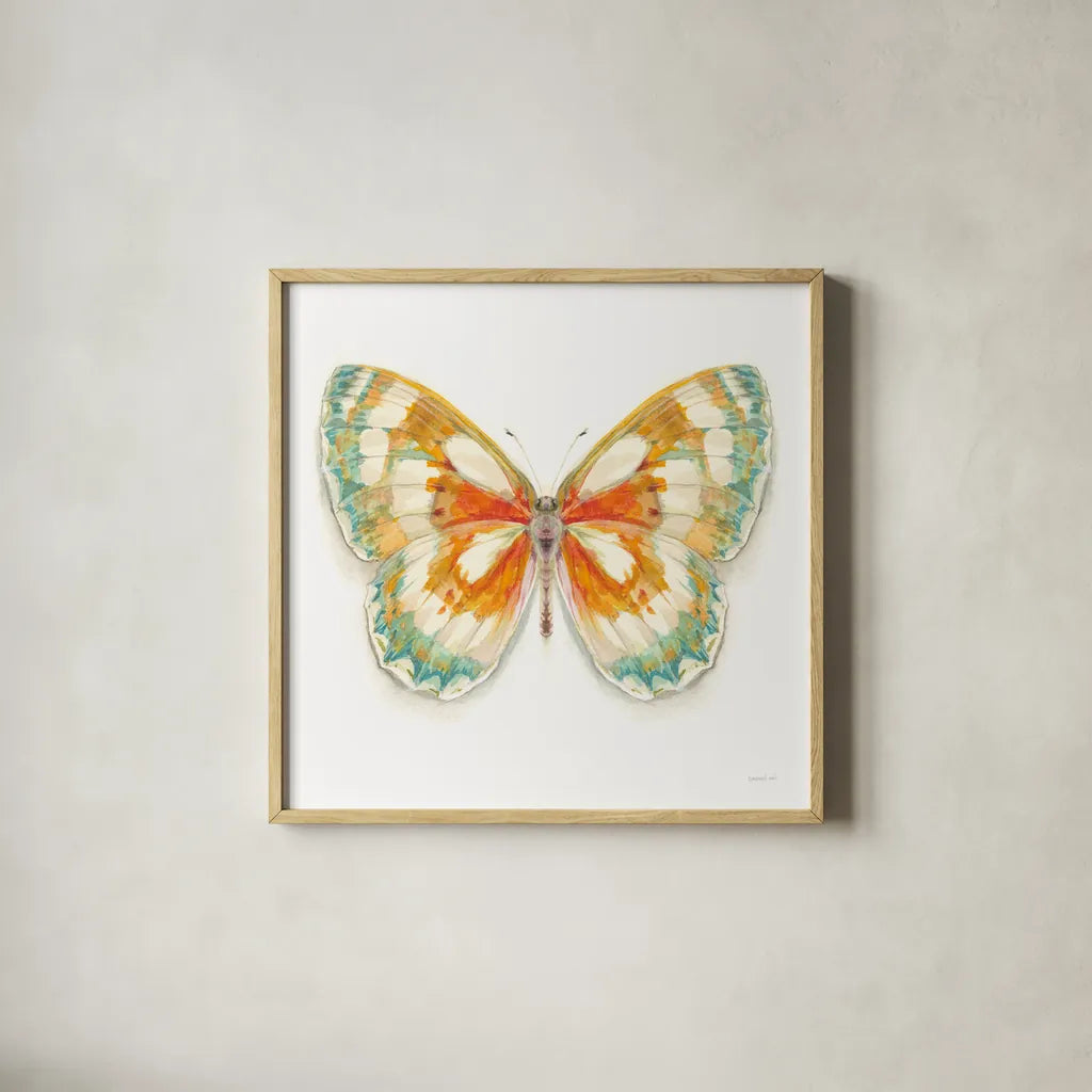 Fragile Wings Butterfly II by Danhui Nai. Shown in a natural wood glass frame for a timeless modern aesthetic. Available as an archival giclee rolled canvas, fine art paper, or poster print. SKU 67492a.