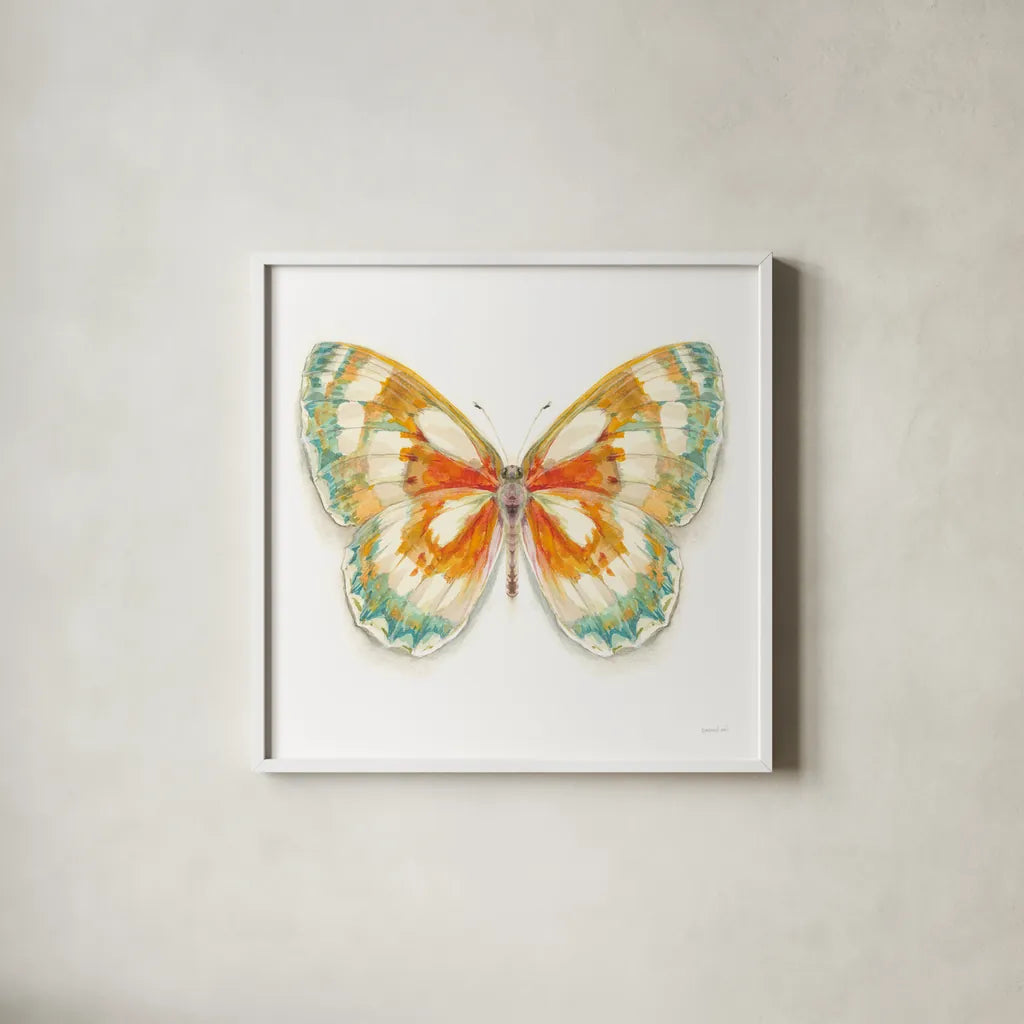 Fragile Wings Butterfly II by Danhui Nai. Shown in a crisp white glass frame for a clean and minimalist style. Available as an archival giclee rolled canvas, fine art paper, or poster print. SKU 67492a.