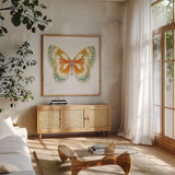 Fragile Wings Butterfly II by Danhui Nai. Shown in a natural wood frame in a cozy modern living room. Available as an archival giclee rolled canvas, fine art paper, or poster print. SKU 67492a.
