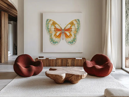 Fragile Wings Butterfly II by Danhui Nai. Shown as extra-large giant wall art in a modern living room. Available as an archival giclee rolled canvas, fine art paper, or poster print. SKU 67492a.