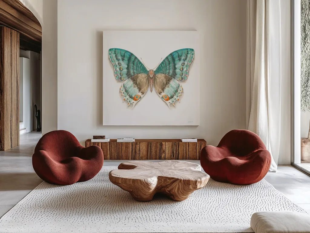 Fragile Wings Butterfly III by Danhui Nai. Shown as extra-large giant wall art in a modern living room. Available as an archival giclee rolled canvas, fine art paper, or poster print. SKU 67493a.