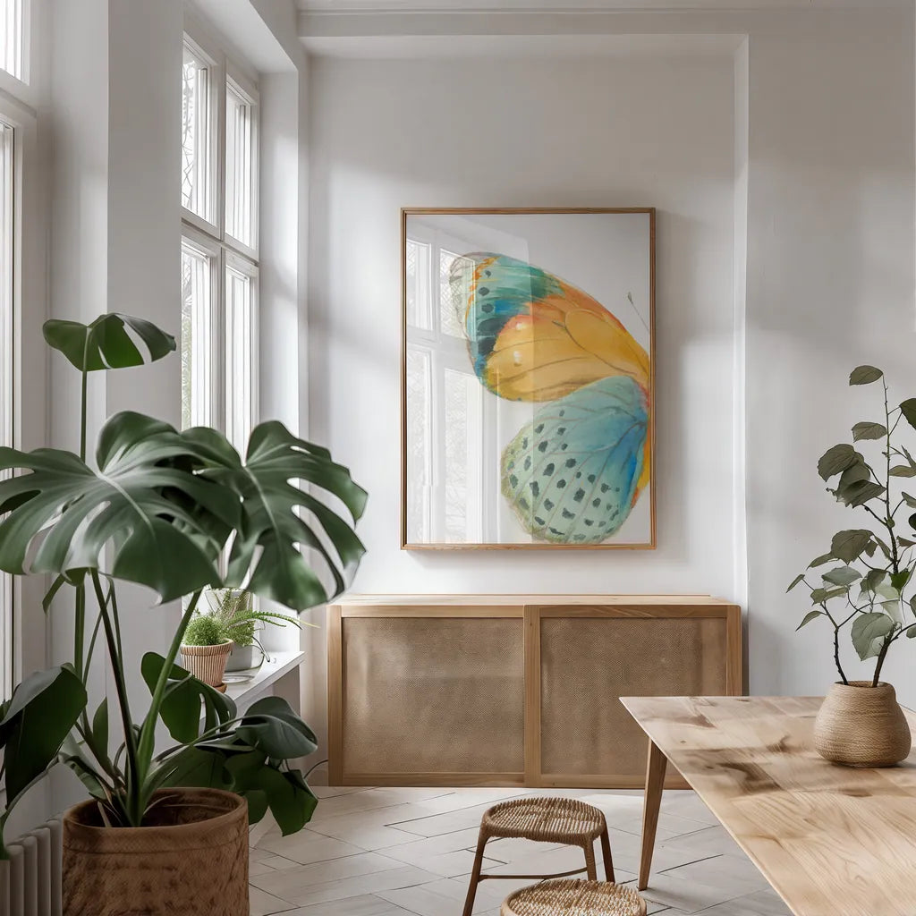Fragile Wings I by Danhui Nai. shown as a print in a natural wood frame in a dining room. Available as a archival giclee rolled canvas, fine art paper, or poster print. SKU 65685h.