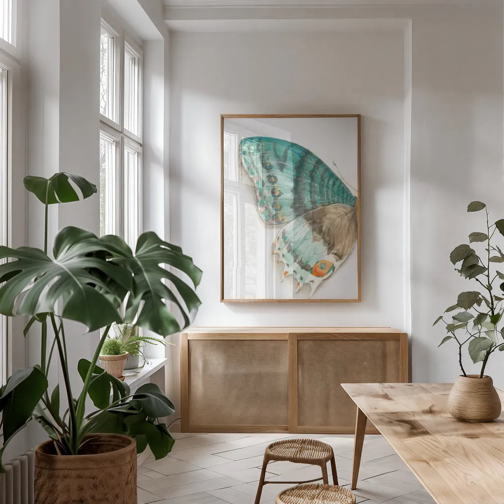 Fragile Wings III by Danhui Nai. shown as a print in a natural wood frame in a dining room. Available as a archival giclee rolled canvas, fine art paper, or poster print. SKU 65687h.