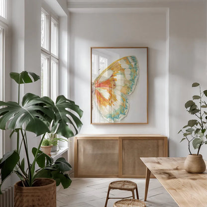 Fragile Wings IV by Danhui Nai. shown as a print in a natural wood frame in a dining room. Available as a archival giclee rolled canvas, fine art paper, or poster print. SKU 65688h.