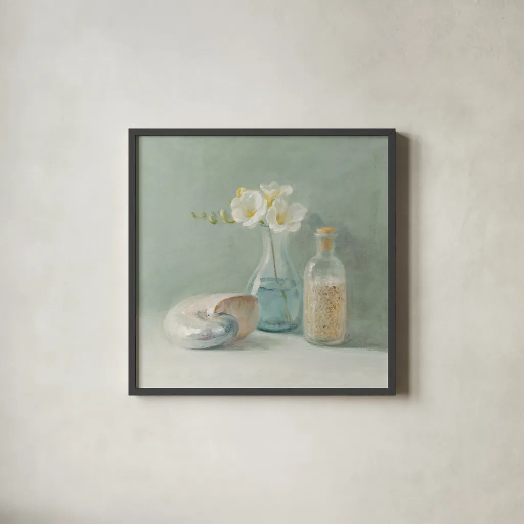 Freesia Spa by Danhui Nai. Shown in a sleek black glass frame for a contemporary gallery look. Available as an archival giclee rolled canvas, fine art paper, or poster print. SKU 5597a.