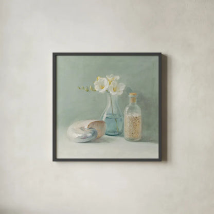 Freesia Spa by Danhui Nai. Shown in a sleek black glass frame for a contemporary gallery look. Available as an archival giclee rolled canvas, fine art paper, or poster print. SKU 5597a.