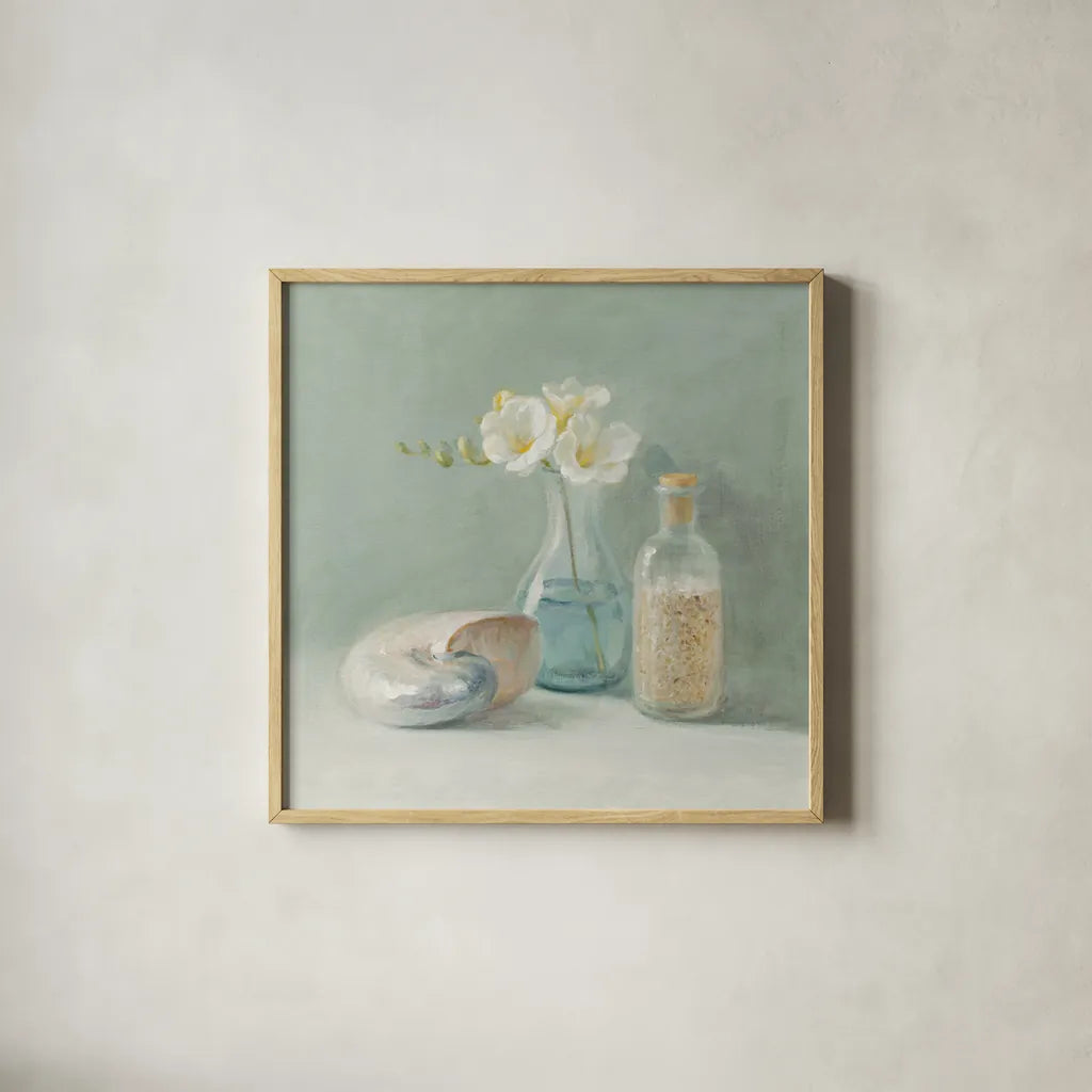 Freesia Spa by Danhui Nai. Shown in a natural wood glass frame for a timeless modern aesthetic. Available as an archival giclee rolled canvas, fine art paper, or poster print. SKU 5597a.
