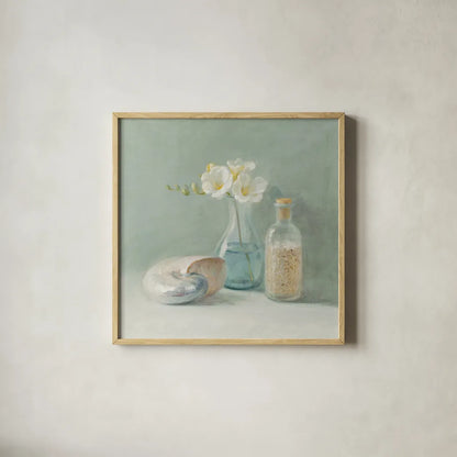 Freesia Spa by Danhui Nai. Shown in a natural wood glass frame for a timeless modern aesthetic. Available as an archival giclee rolled canvas, fine art paper, or poster print. SKU 5597a.