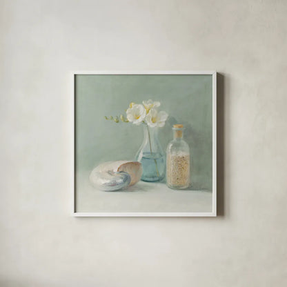 Freesia Spa by Danhui Nai. Shown in a crisp white glass frame for a clean and minimalist style. Available as an archival giclee rolled canvas, fine art paper, or poster print. SKU 5597a.