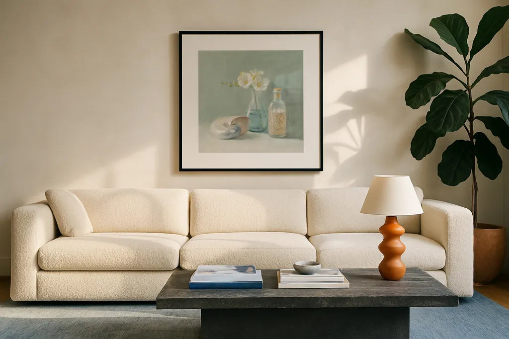 Freesia Spa by Danhui Nai. Displayed in a glass frame with matte in a clean modern living room. Available as an archival giclee rolled canvas, fine art paper, or poster print. SKU 5597a.