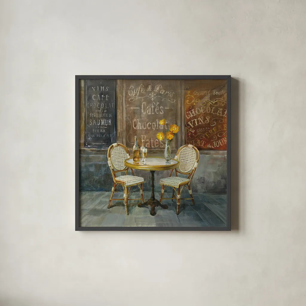 French Cafe by Danhui Nai. Shown in a sleek black glass frame for a contemporary gallery look. Available as an archival giclee rolled canvas, fine art paper, or poster print. SKU 25905a.