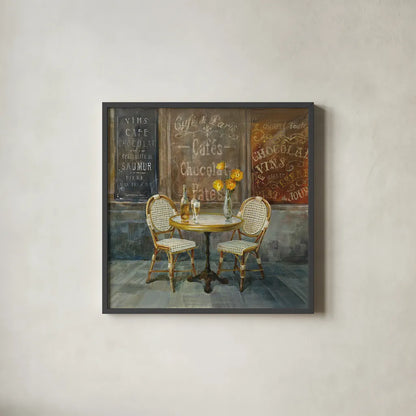 French Cafe by Danhui Nai. Shown in a sleek black glass frame for a contemporary gallery look. Available as an archival giclee rolled canvas, fine art paper, or poster print. SKU 25905a.