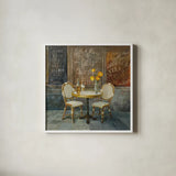 French Cafe by Danhui Nai. Shown in a crisp white glass frame for a clean and minimalist style. Available as an archival giclee rolled canvas, fine art paper, or poster print. SKU 25905a.