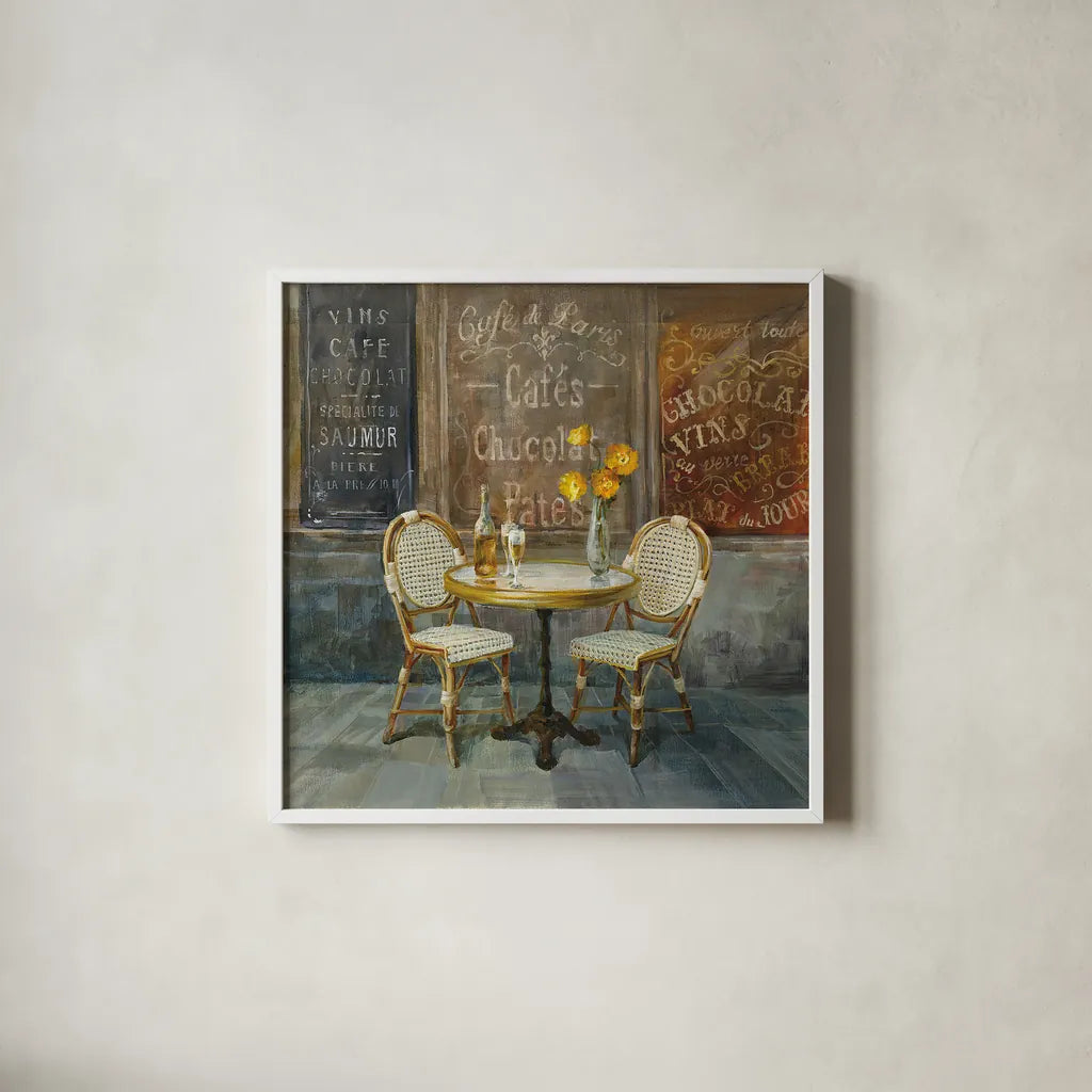 French Cafe by Danhui Nai. Shown in a crisp white glass frame for a clean and minimalist style. Available as an archival giclee rolled canvas, fine art paper, or poster print. SKU 25905a.