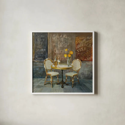 French Cafe by Danhui Nai. Shown in a crisp white glass frame for a clean and minimalist style. Available as an archival giclee rolled canvas, fine art paper, or poster print. SKU 25905a.