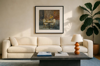 French Cafe by Danhui Nai. Displayed in a glass frame with matte in a clean modern living room. Available as an archival giclee rolled canvas, fine art paper, or poster print. SKU 25905a.