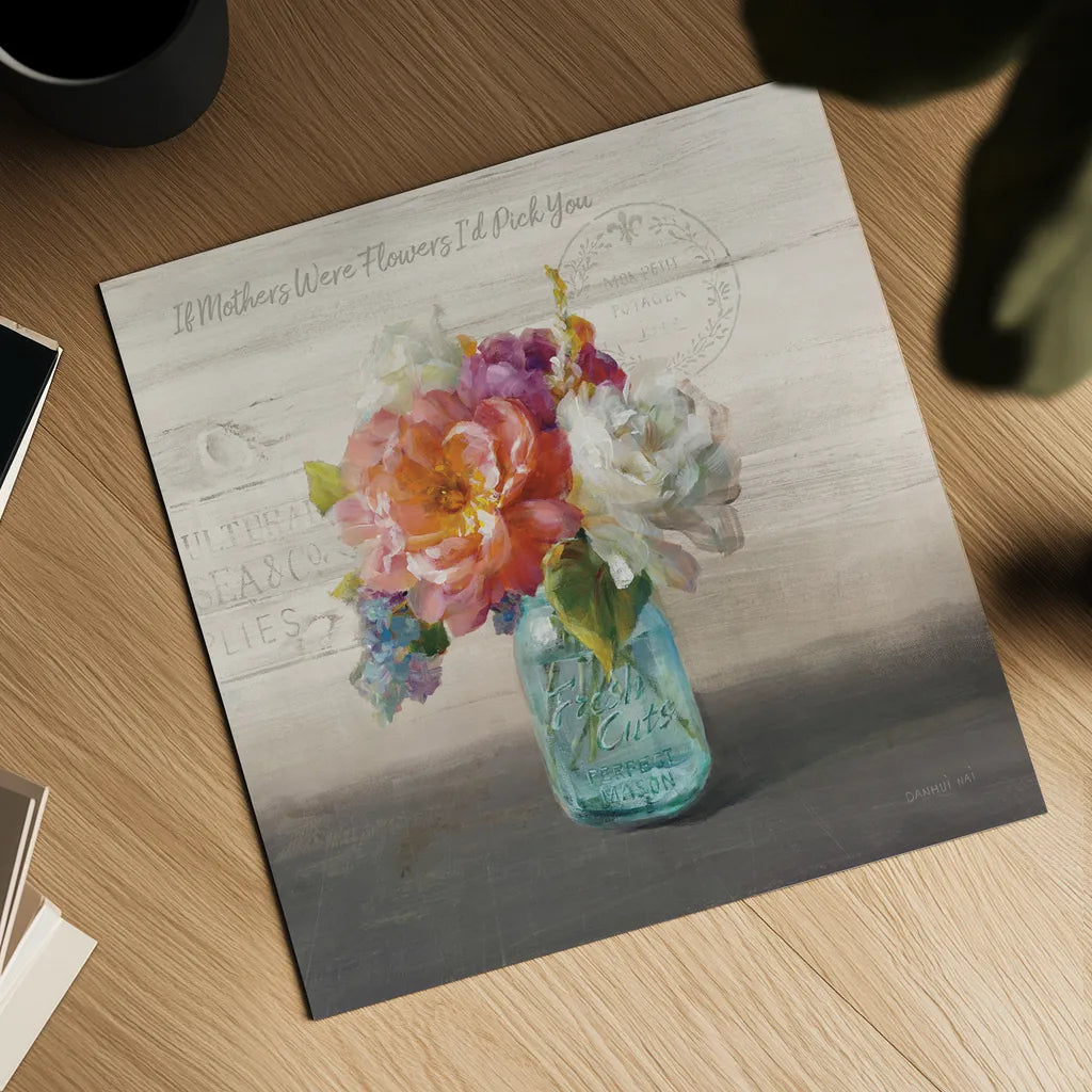 French Cottage Bouquet I Mothers by Danhui Nai. Shown as a detailed flat fine art print, highlighting archival giclee quality. Available as an archival giclee rolled canvas, fine art paper, or poster print. SKU 41685a.