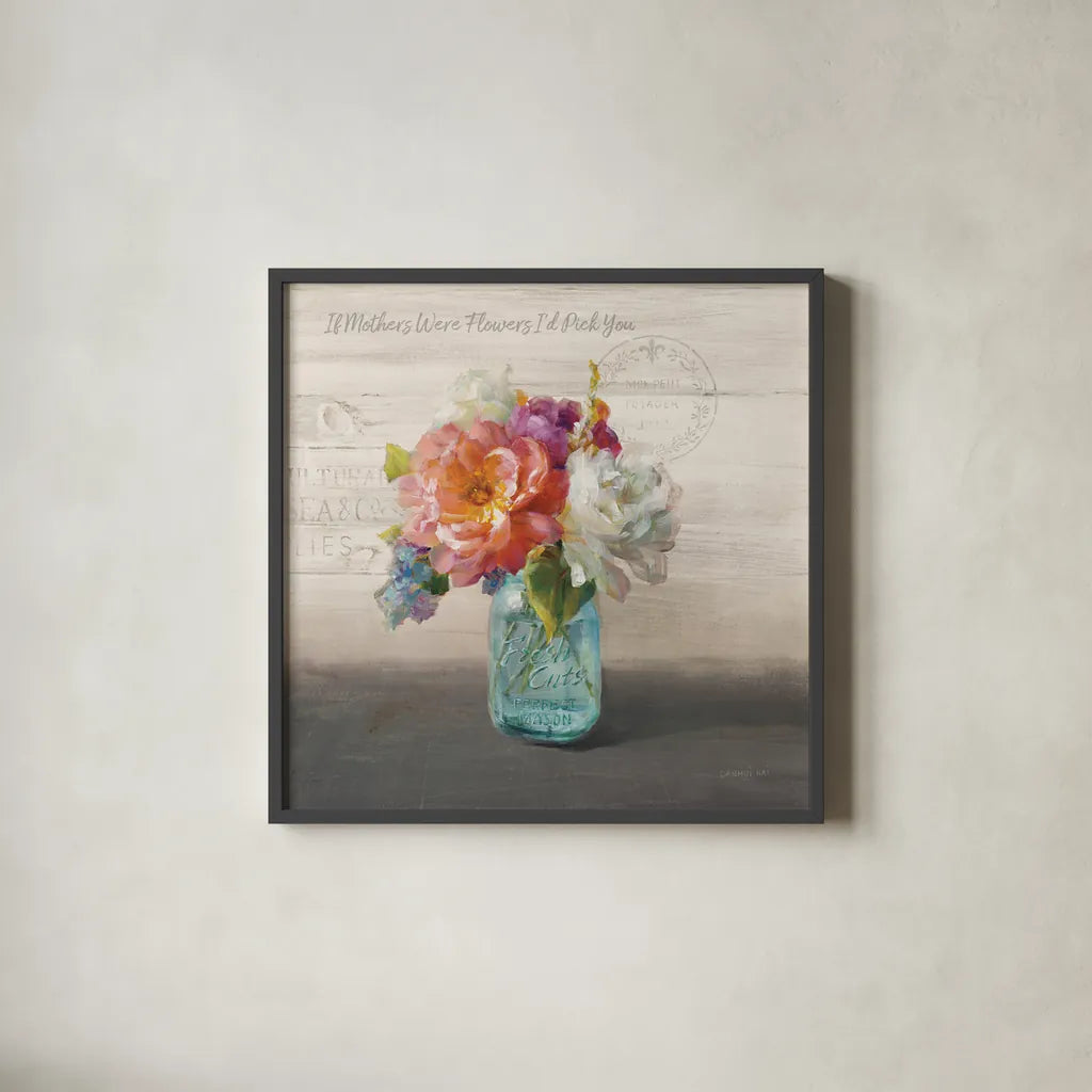 French Cottage Bouquet I Mothers by Danhui Nai. Shown in a sleek black glass frame for a contemporary gallery look. Available as an archival giclee rolled canvas, fine art paper, or poster print. SKU 41685a.