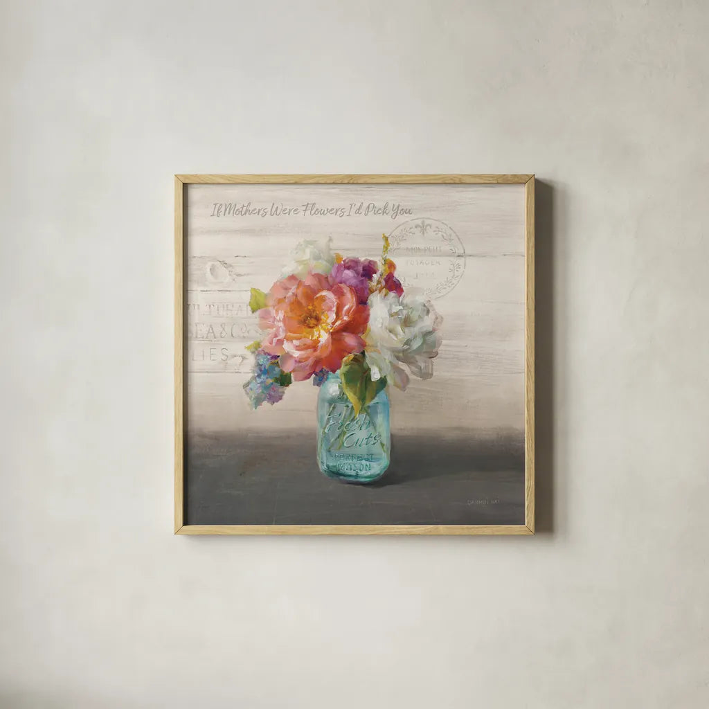 French Cottage Bouquet I Mothers by Danhui Nai. Shown in a natural wood glass frame for a timeless modern aesthetic. Available as an archival giclee rolled canvas, fine art paper, or poster print. SKU 41685a.