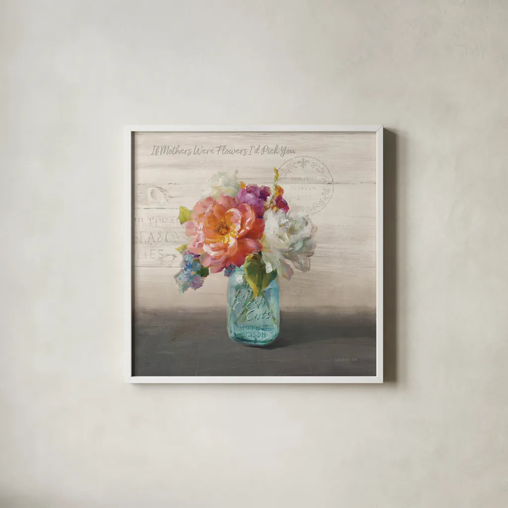 French Cottage Bouquet I Mothers by Danhui Nai. Shown in a crisp white glass frame for a clean and minimalist style. Available as an archival giclee rolled canvas, fine art paper, or poster print. SKU 41685a.