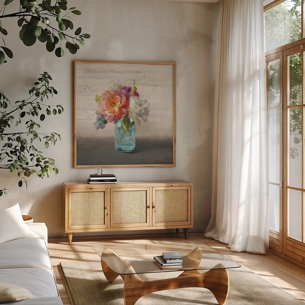 French Cottage Bouquet I Mothers by Danhui Nai. Shown in a natural wood frame in a cozy modern living room. Available as an archival giclee rolled canvas, fine art paper, or poster print. SKU 41685a.