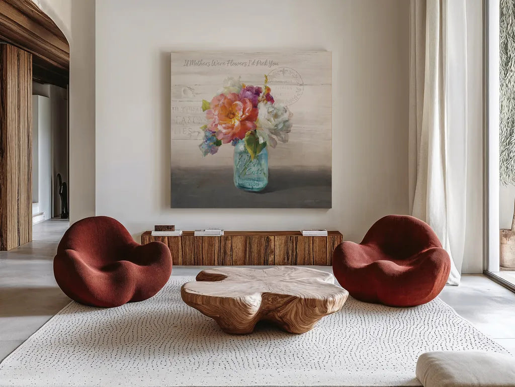 French Cottage Bouquet I Mothers by Danhui Nai. Shown as extra-large giant wall art in a modern living room. Available as an archival giclee rolled canvas, fine art paper, or poster print. SKU 41685a.
