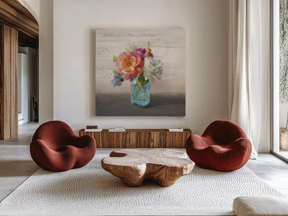 French Cottage Bouquet I Mothers by Danhui Nai. Shown as extra-large giant wall art in a modern living room. Available as an archival giclee rolled canvas, fine art paper, or poster print. SKU 41685a.