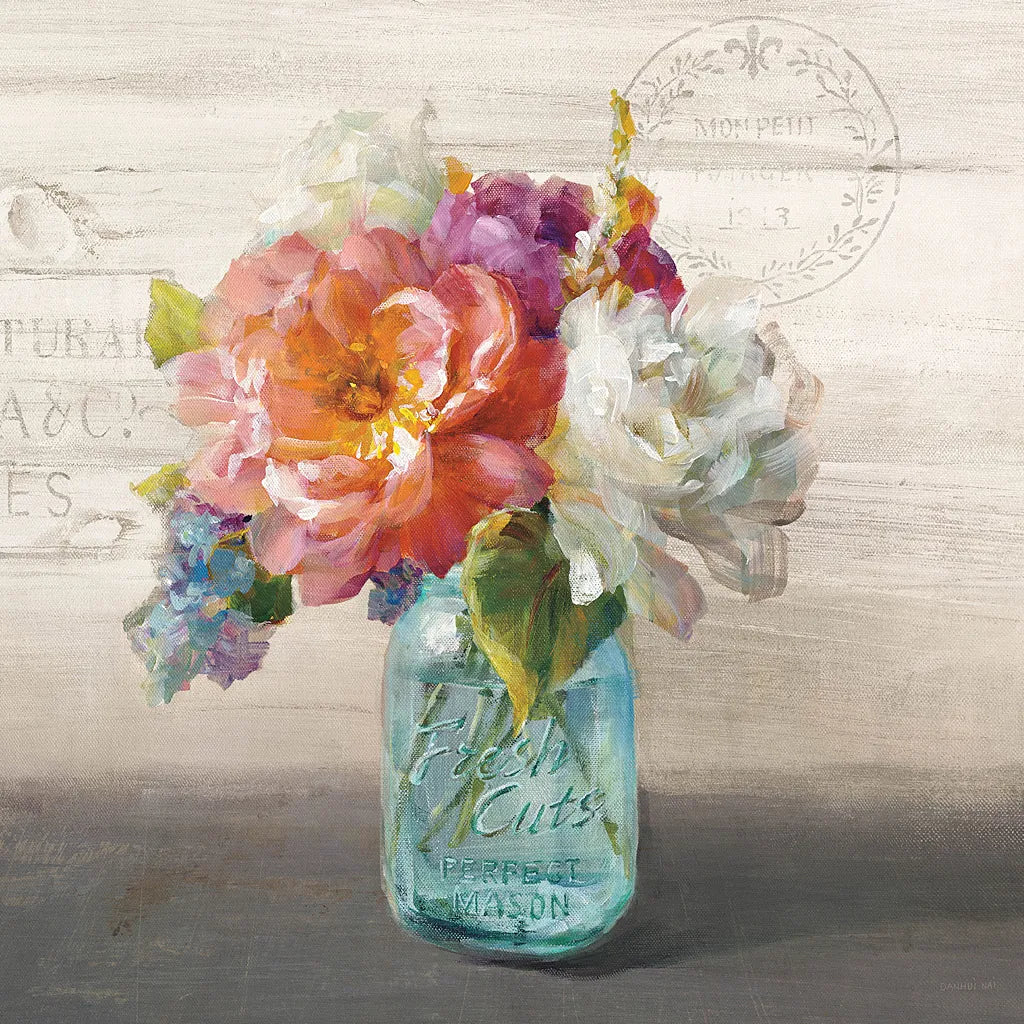 French Cottage Bouquet I No Words by Danhui Nai. SKU 17850a. Archival Giclee Fine art print for wall decor.