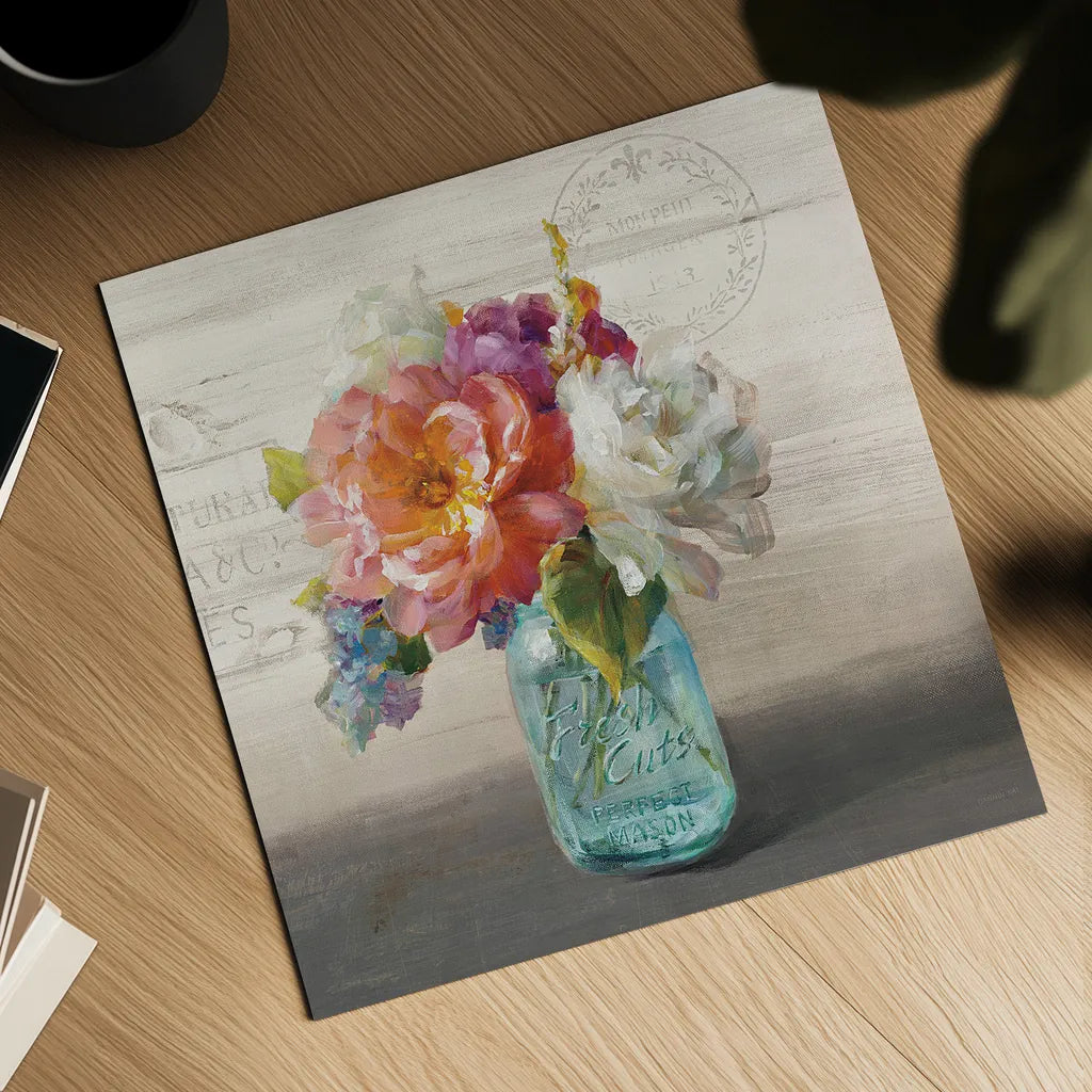 French Cottage Bouquet I No Words by Danhui Nai. Shown as a detailed flat fine art print, highlighting archival giclee quality. Available as an archival giclee rolled canvas, fine art paper, or poster print. SKU 17850a.