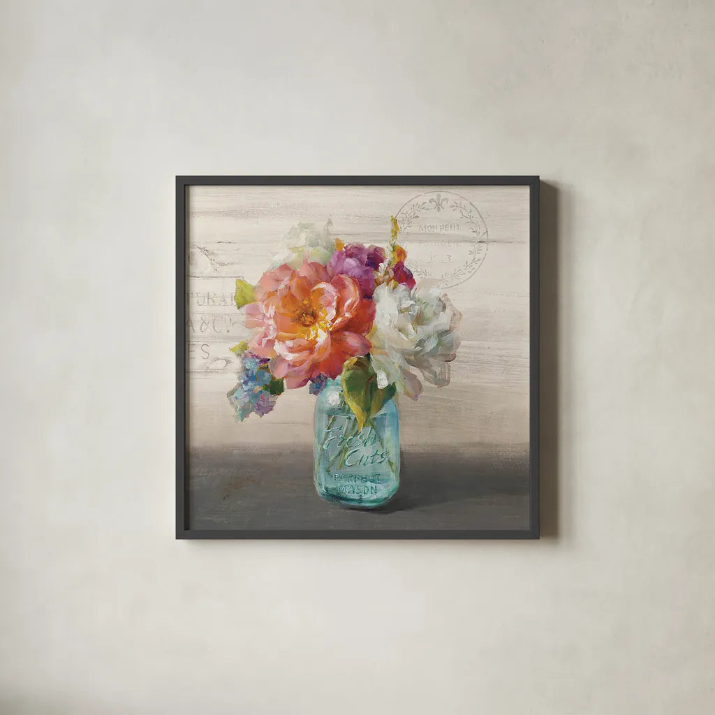 French Cottage Bouquet I No Words by Danhui Nai. Shown in a sleek black glass frame for a contemporary gallery look. Available as an archival giclee rolled canvas, fine art paper, or poster print. SKU 17850a.