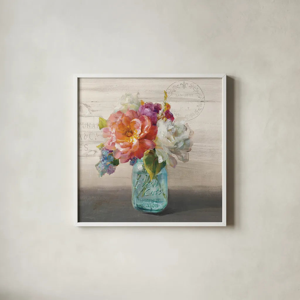 French Cottage Bouquet I No Words by Danhui Nai. Shown in a crisp white glass frame for a clean and minimalist style. Available as an archival giclee rolled canvas, fine art paper, or poster print. SKU 17850a.
