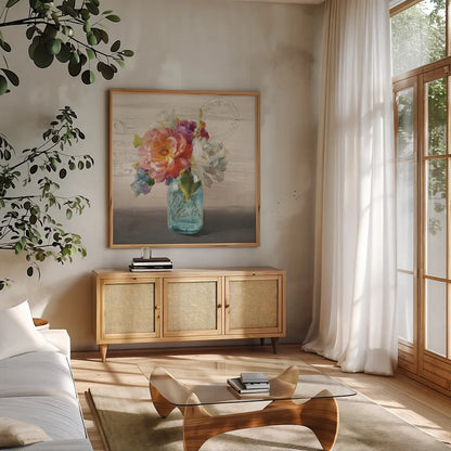 French Cottage Bouquet I No Words by Danhui Nai. Shown in a natural wood frame in a cozy modern living room. Available as an archival giclee rolled canvas, fine art paper, or poster print. SKU 17850a.