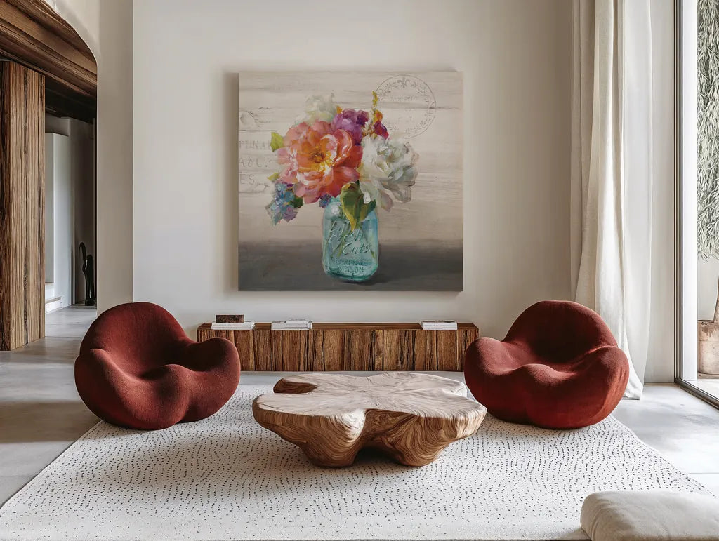 French Cottage Bouquet I No Words by Danhui Nai. Shown as extra-large giant wall art in a modern living room. Available as an archival giclee rolled canvas, fine art paper, or poster print. SKU 17850a.