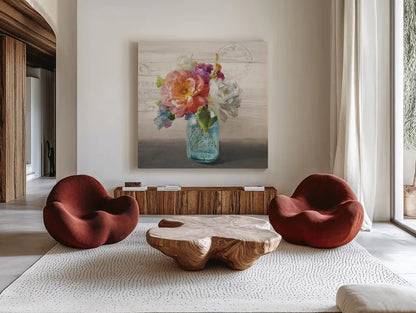French Cottage Bouquet I No Words by Danhui Nai. Shown as extra-large giant wall art in a modern living room. Available as an archival giclee rolled canvas, fine art paper, or poster print. SKU 17850a.