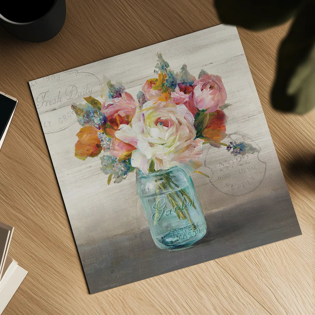 French Cottage Bouquet II by Danhui Nai. Shown as a detailed flat fine art print, highlighting archival giclee quality. Available as an archival giclee rolled canvas, fine art paper, or poster print. SKU 17851a.