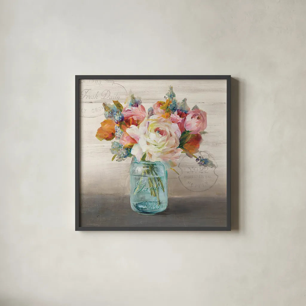 French Cottage Bouquet II by Danhui Nai. Shown in a sleek black glass frame for a contemporary gallery look. Available as an archival giclee rolled canvas, fine art paper, or poster print. SKU 17851a.