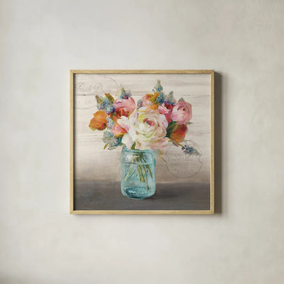 French Cottage Bouquet II by Danhui Nai. Shown in a natural wood glass frame for a timeless modern aesthetic. Available as an archival giclee rolled canvas, fine art paper, or poster print. SKU 17851a.