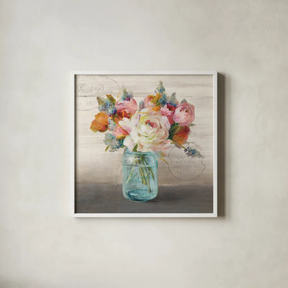 French Cottage Bouquet II by Danhui Nai. Shown in a crisp white glass frame for a clean and minimalist style. Available as an archival giclee rolled canvas, fine art paper, or poster print. SKU 17851a.